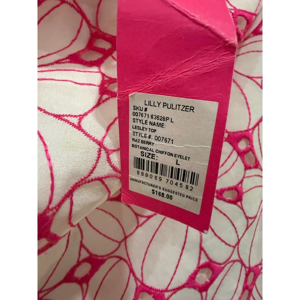 Lilly Pulitzer Lesley Top Raz Berry Botanical Chiffon Eyelet Pink White L NWT